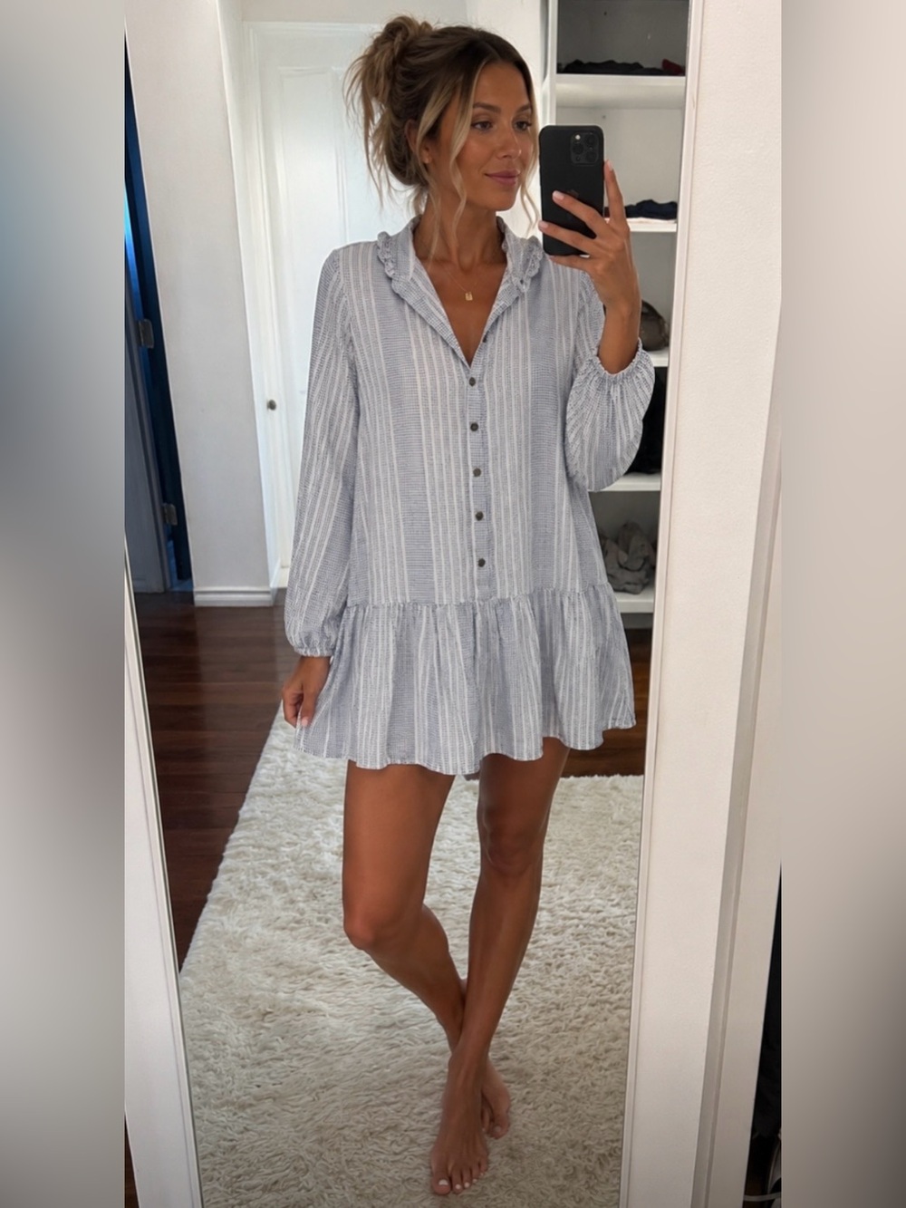 H&M Light Blue & White Striped Ruffle-Hem Mini Dress